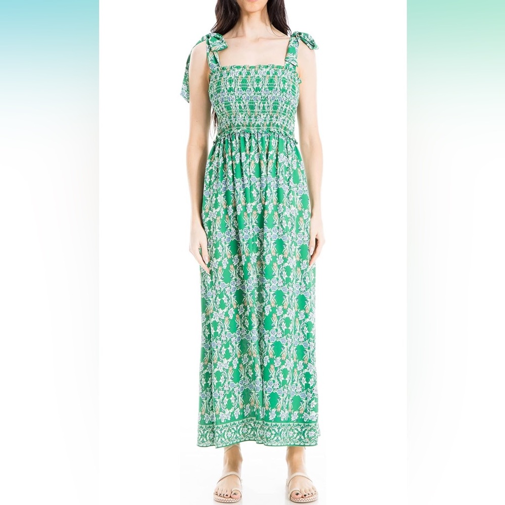 Max Studio Green Floral Maxi Dress with Tie Shoulder Details